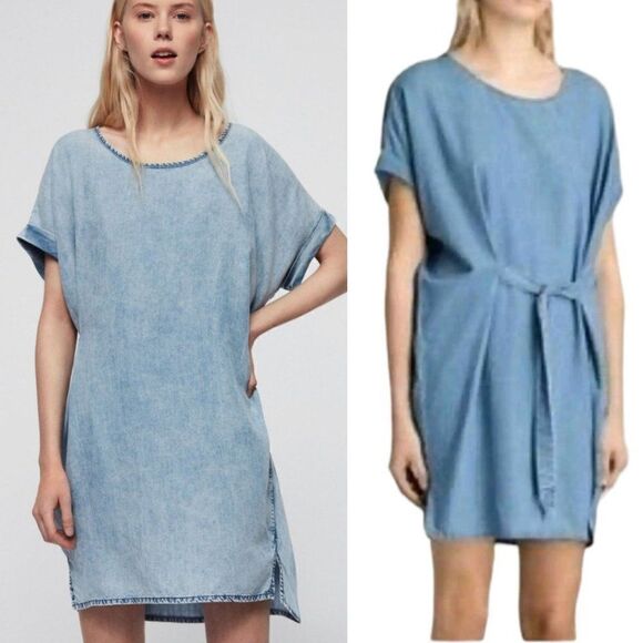 AllSaints Dress Sonny Denim Peasant Medieval Reversible Tie Waist Blue Sz S - Picture 1 of 14